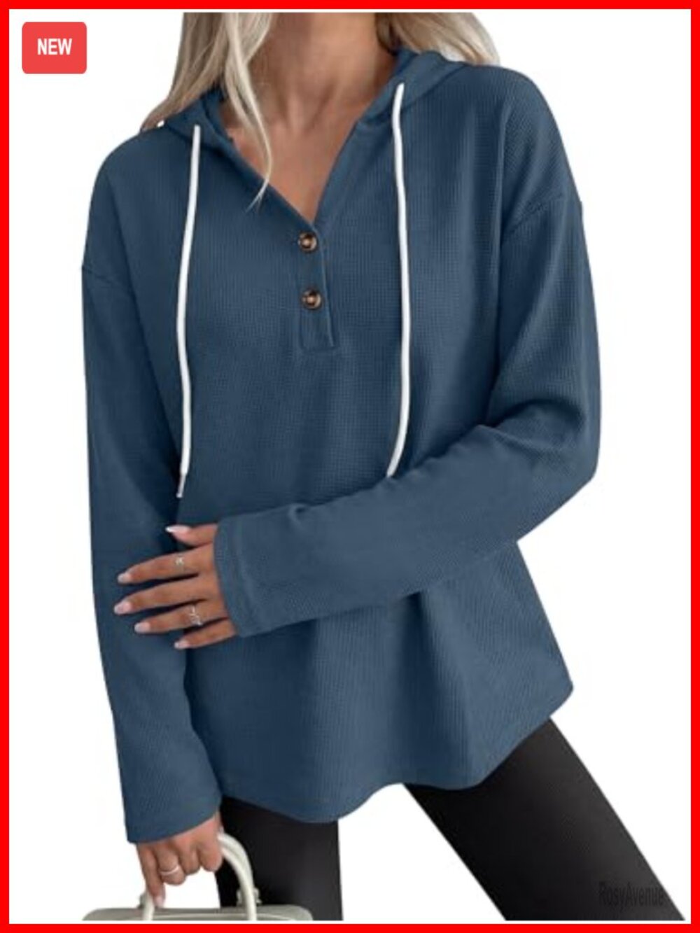 Waffle Knit Hoodie Women Loose Fit V Neck Button Drawstring Sweatshirt